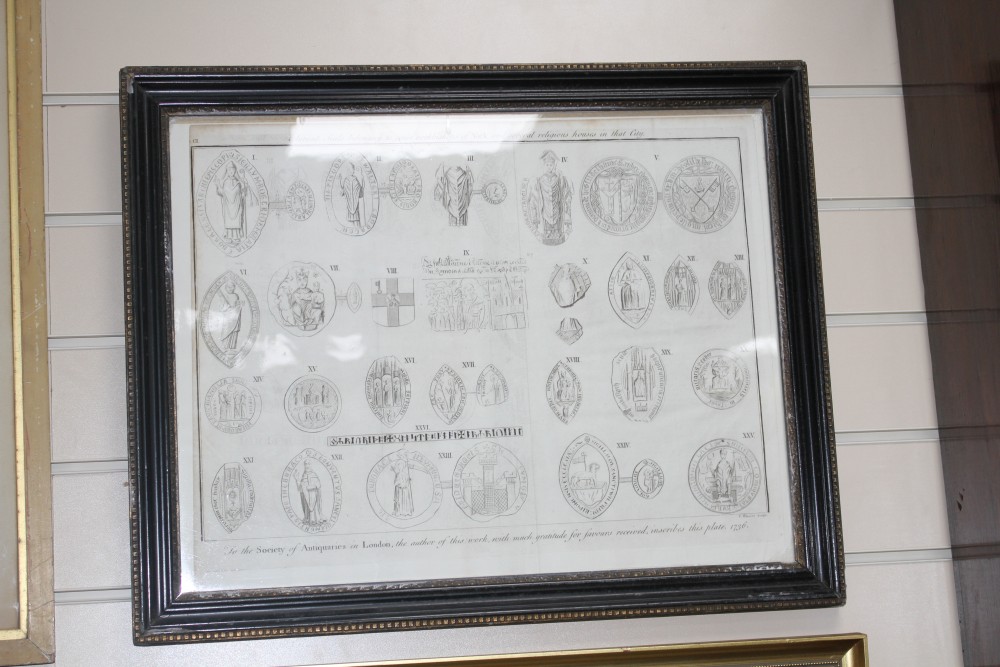 Bartolozzi after Mortimer, engraving, The Death of Sir Philip Sidney, 39 x 40cm and Basire engraving of ancient seals belonging to Ar